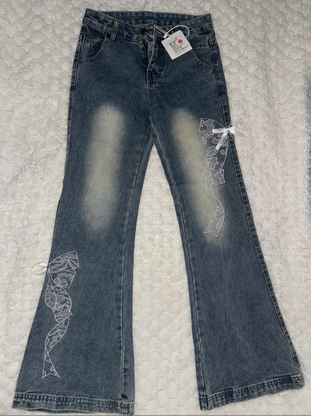 Dark Blue Flare Jeans with White Ribbon Embroidery